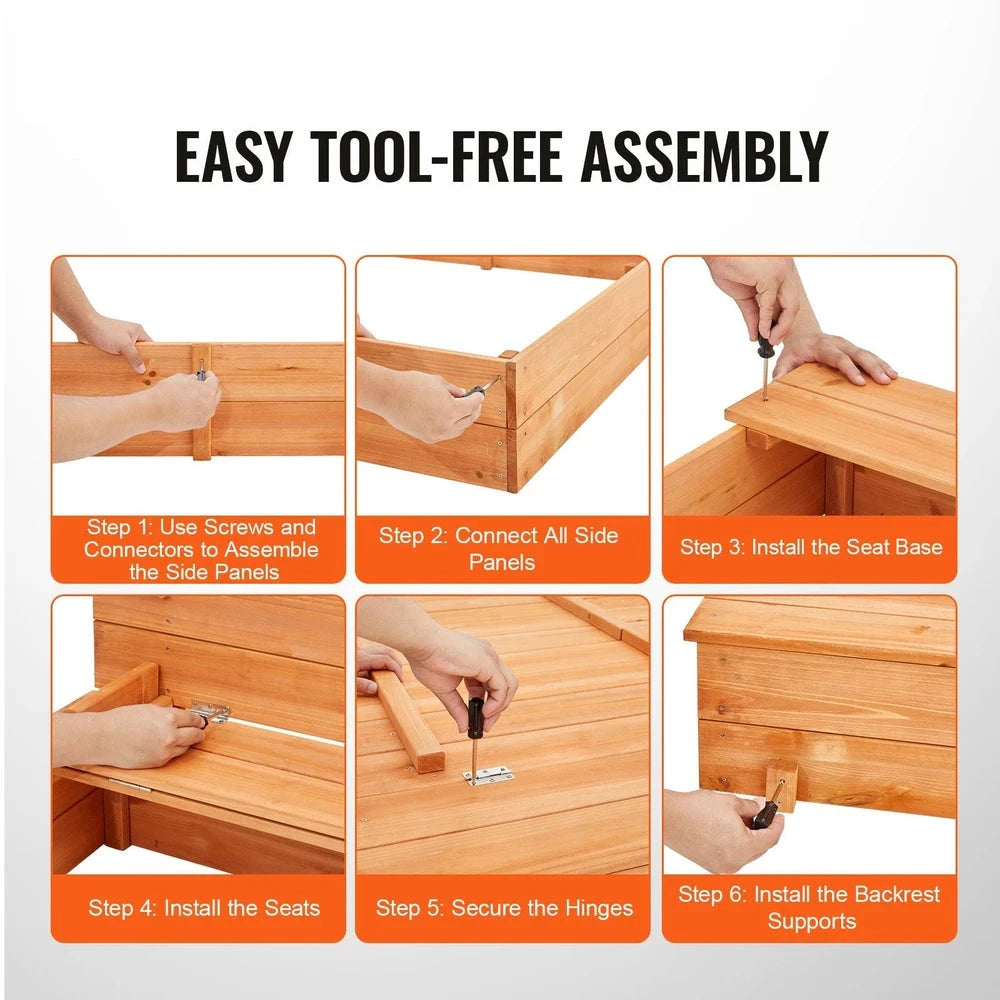 Natural Wood Sandbox – Backyard Sandbox with Foldable Benches & Cover