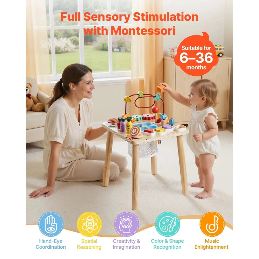Wooden Montessori Activity Table – Multi-Activity Sensory Play Table for Toddlers
