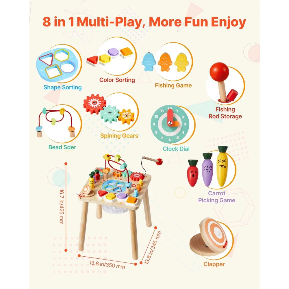 Wooden Montessori Activity Table – Multi-Activity Sensory Play Table for Toddlers