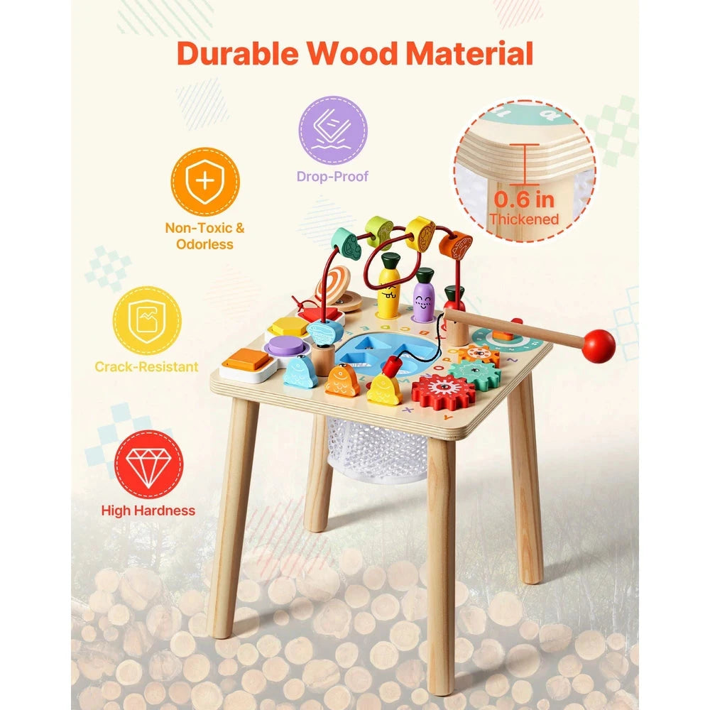 Wooden Montessori Activity Table – Multi-Activity Sensory Play Table for Toddlers