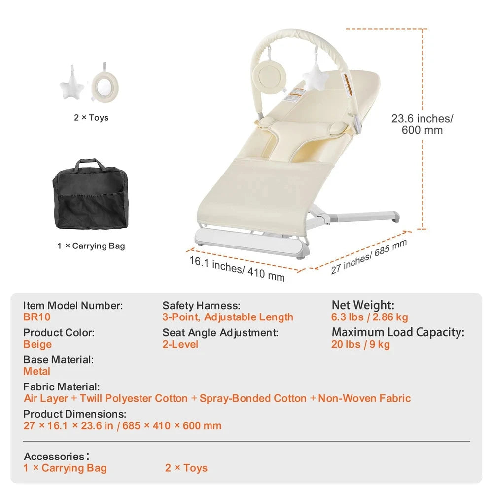 Folding Portable Infant Bouncer – Soothing Baby Bouncer Seat (Beige)