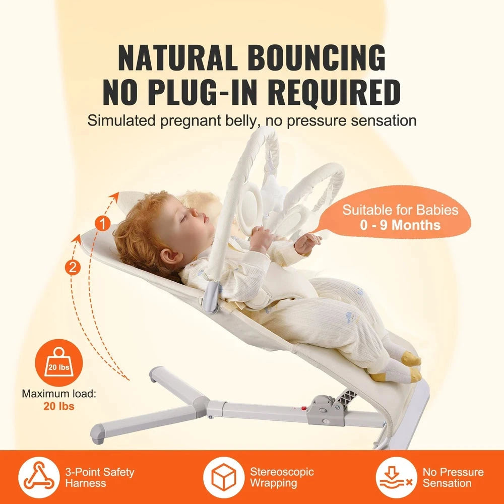 Folding Portable Infant Bouncer – Soothing Baby Bouncer Seat (Beige)