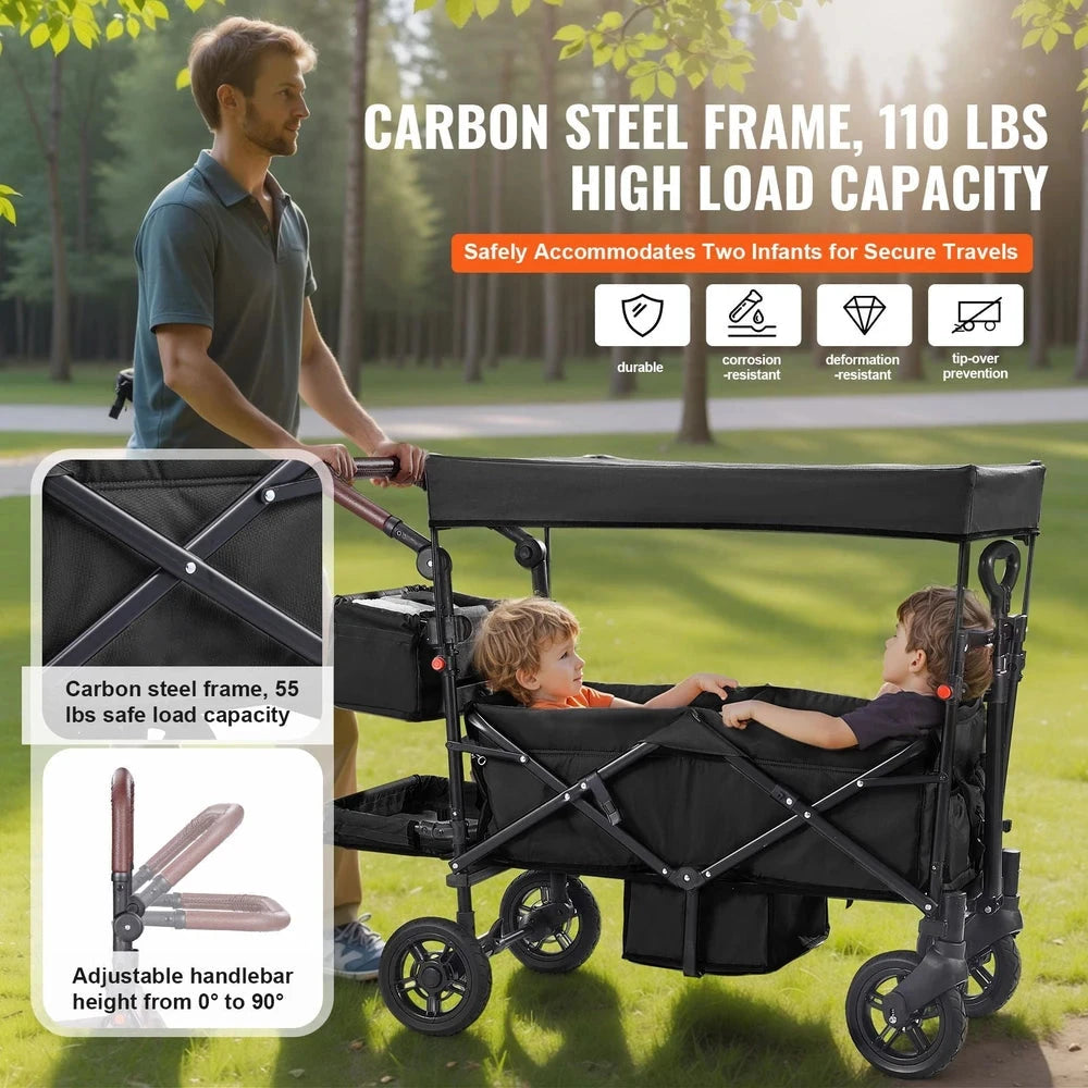 Collapsible Tandem Wagon Stroller – Double-Seat Push-Pull Wagon for Kids
