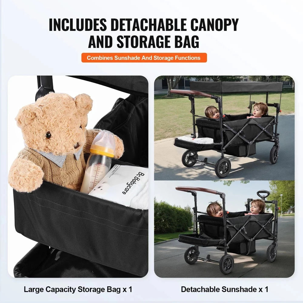 Collapsible Tandem Wagon Stroller – Double-Seat Push-Pull Wagon for Kids