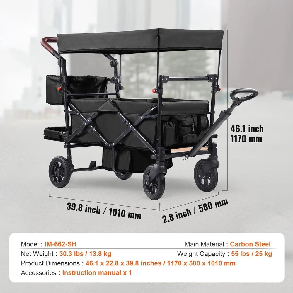 Collapsible Tandem Wagon Stroller – Double-Seat Push-Pull Wagon for Kids