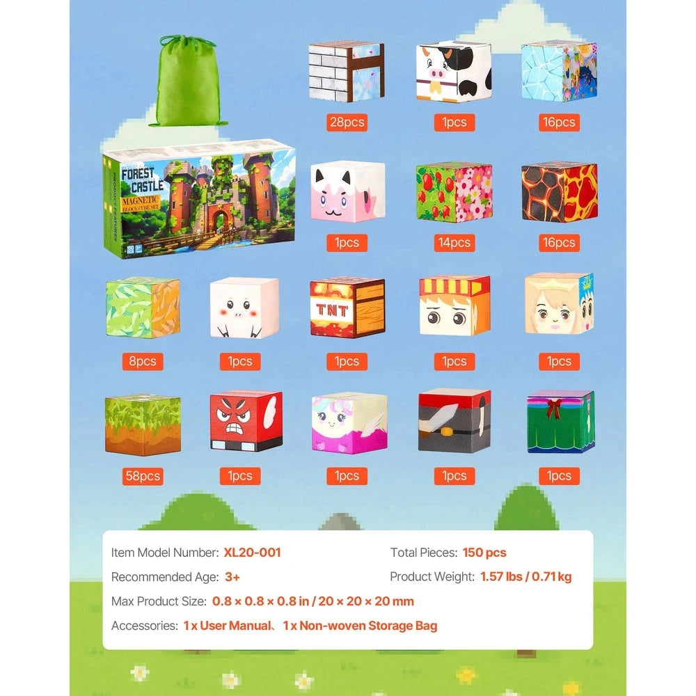 Magnetic Building Cubes 150 PCS – Forest Castle STEM Construction Set, Ages 3+
