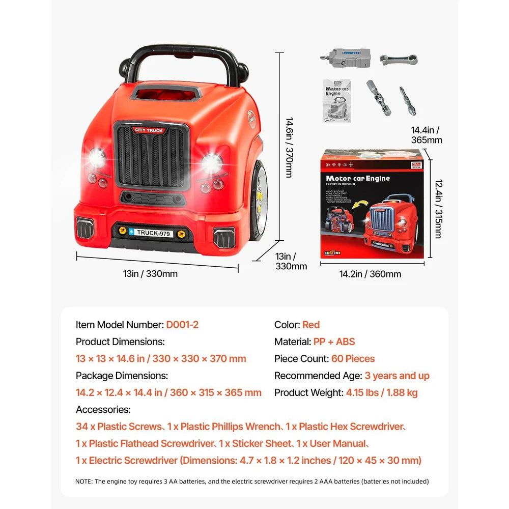 Car Engine Mechanic Set 60 PCS – STEM Build & Drive Toy, Ages 3+ (Red)