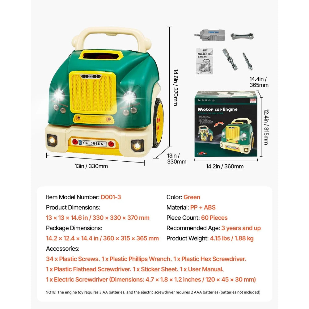 Car Engine Mechanic Set 60 PCS – STEM Build & Drive Toy, Ages 3+ (Green)