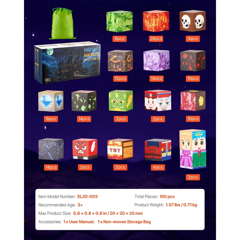 Magnetic Building Cubes 150 PCS – Dark Castle STEM Construction Set, Ages 3+