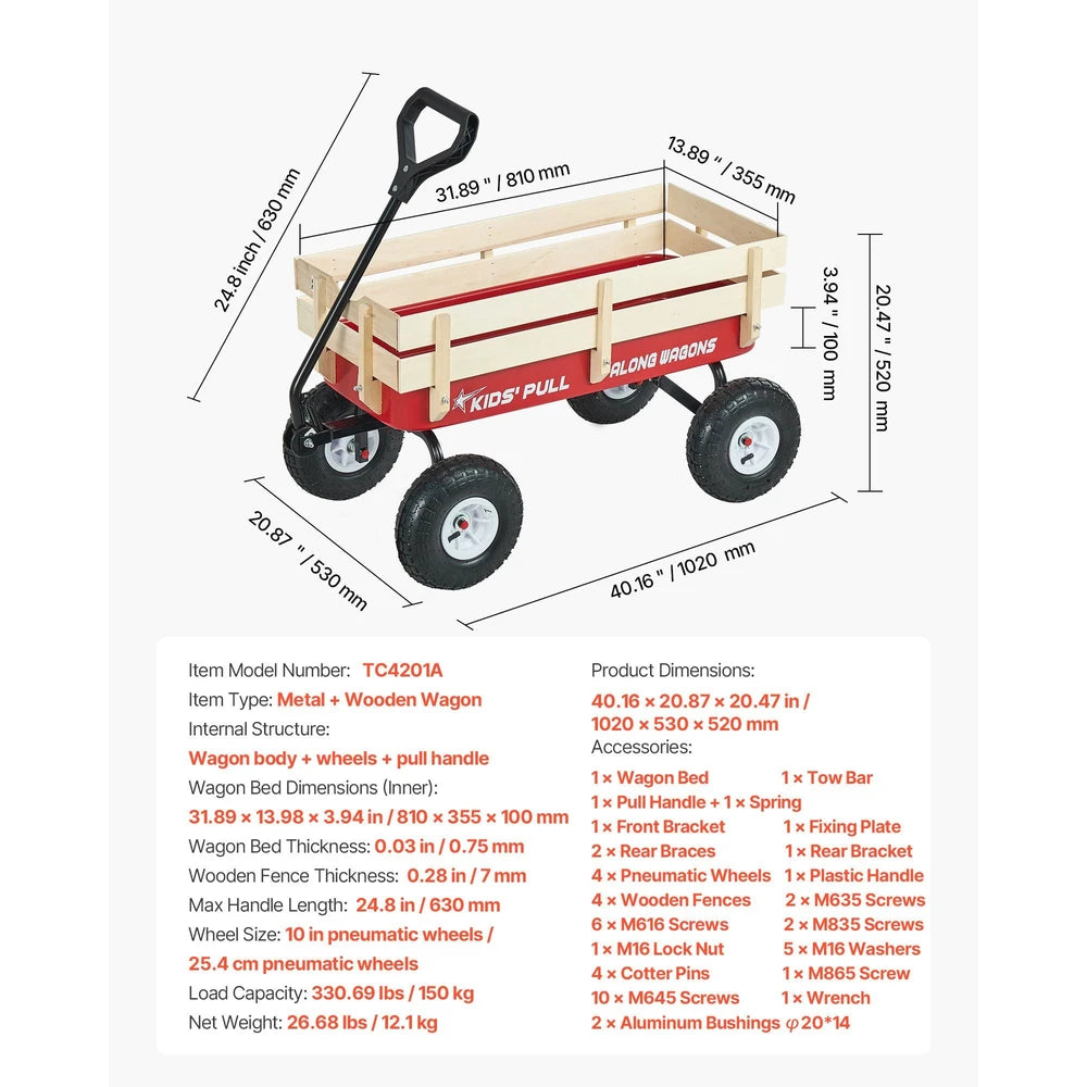 Pull-Along Wagon for Kids – Heavy-Duty Utility Wagon, 330 lb Capacity (Red)