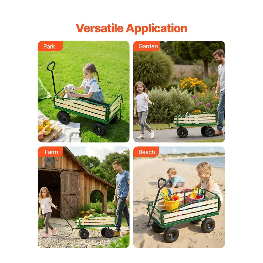 Pull-Along Wagon for Kids – Wooden-Panel Utility Wagon, 330 lb Capacity (Green)