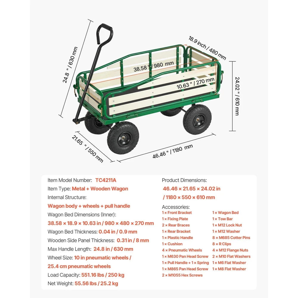Pull-Along Wagon for Kids – Wooden-Panel Utility Wagon, 330 lb Capacity (Green)