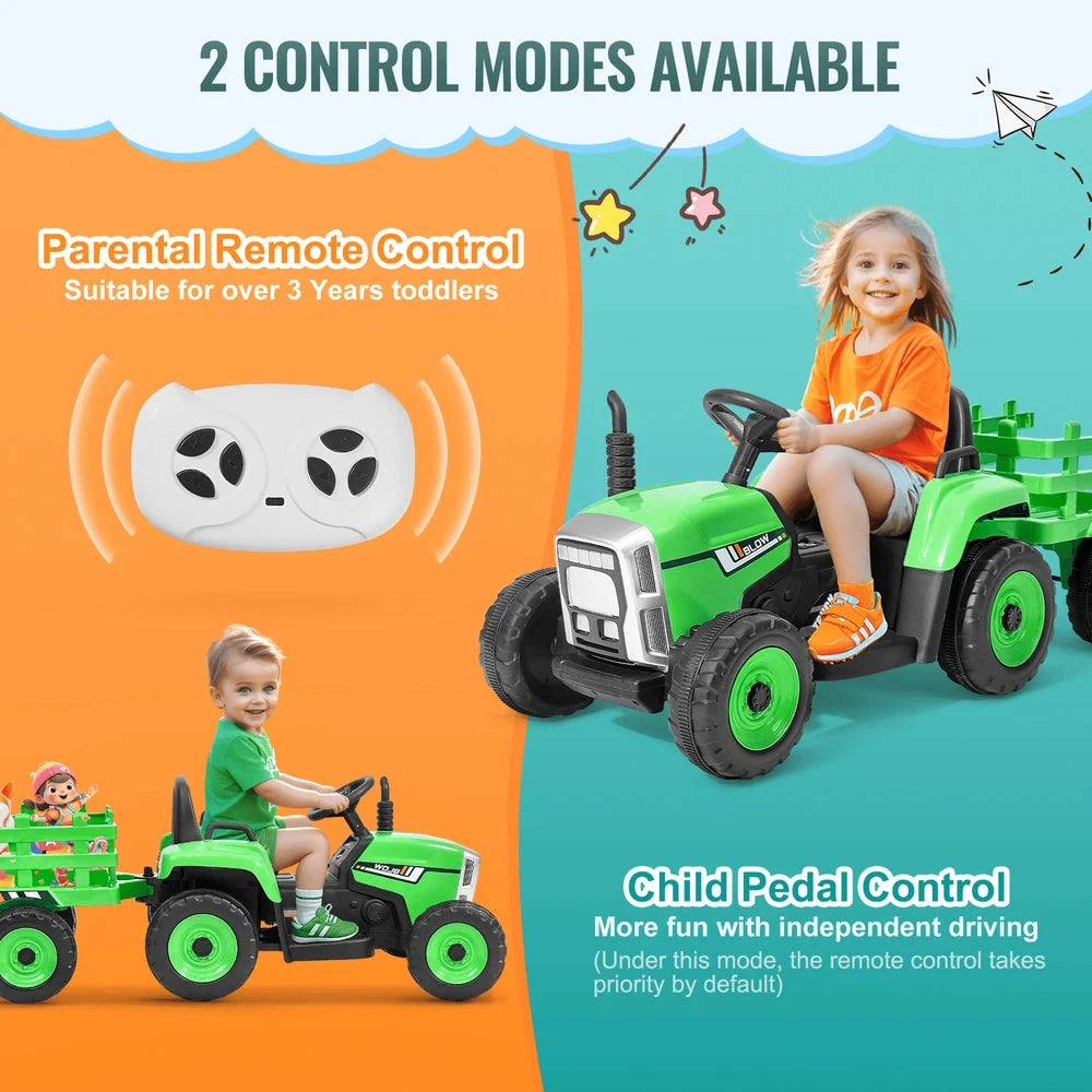 Kids 12V Electric Ride-On Tractor – Battery-Powered Trailer Set with Remote & Music