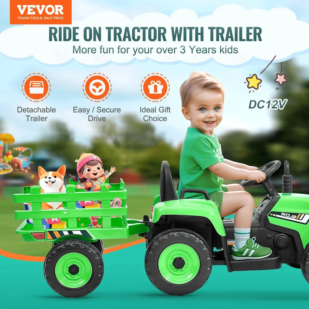 Kids 12V Electric Ride-On Tractor – Battery-Powered Trailer Set with Remote & Music