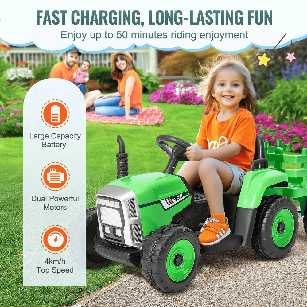 Kids 12V Electric Ride-On Tractor – Battery-Powered Trailer Set with Remote & Music