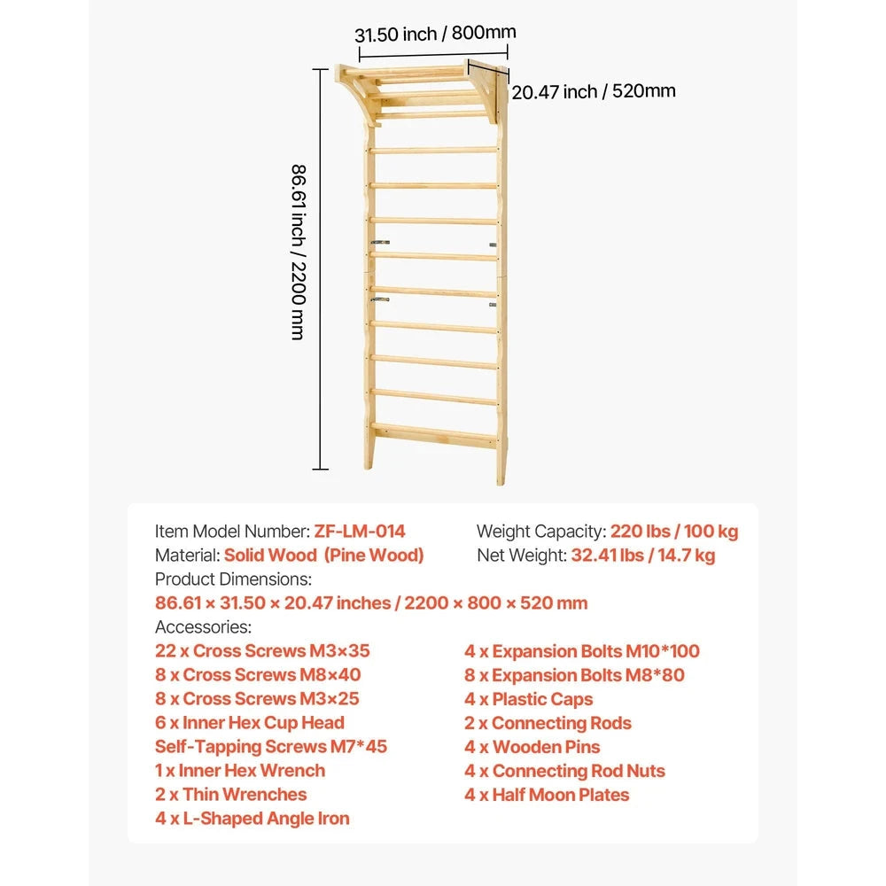 2-in-1 Swedish Ladder Wall Gym – Solid Wood Indoor Climbing Set for Kids