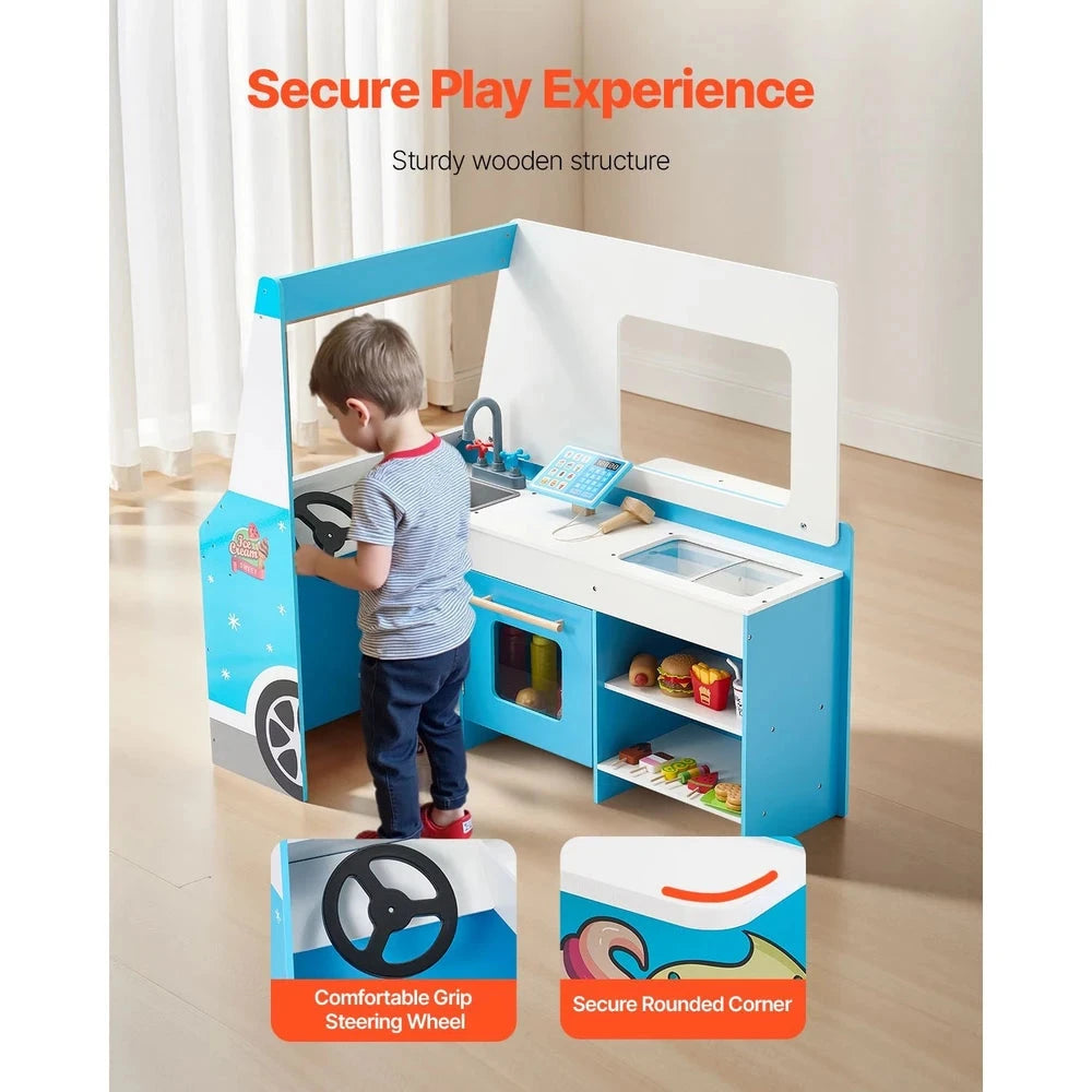 Wooden Ice Cream Cart Playset – Pretend Play Shop with Accessories (Blue)