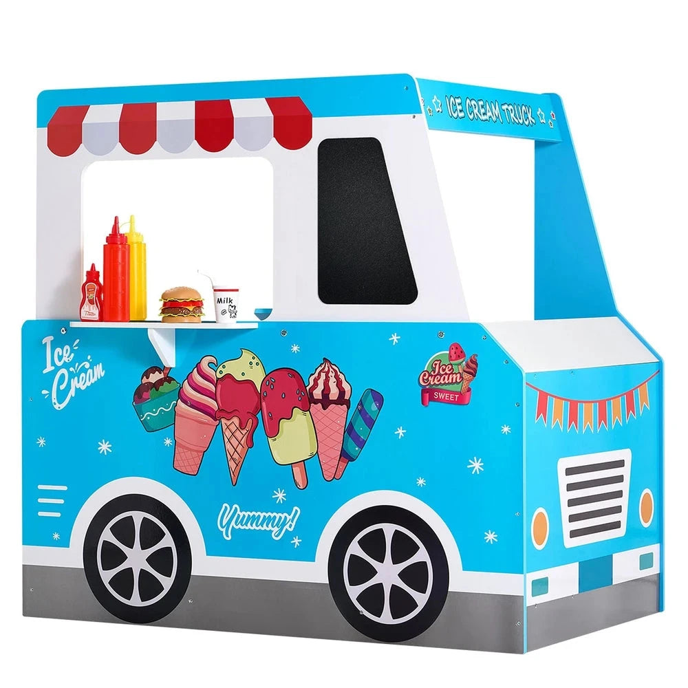 Wooden Ice Cream Cart Playset – Pretend Play Shop with Accessories (Blue)