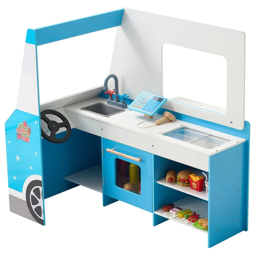 Wooden Ice Cream Cart Playset – Pretend Play Shop with Accessories (Blue)