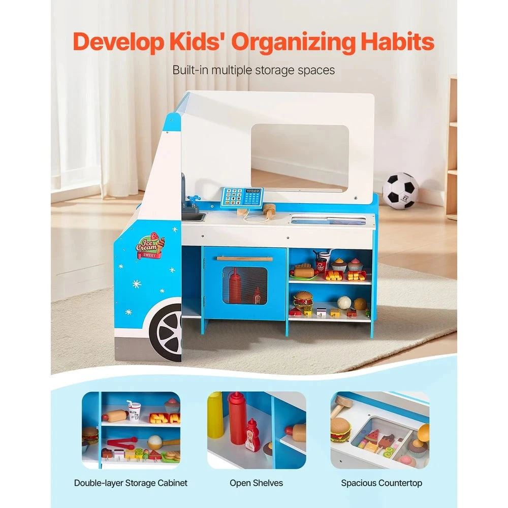 Wooden Ice Cream Cart Playset – Pretend Play Shop with Accessories (Blue)