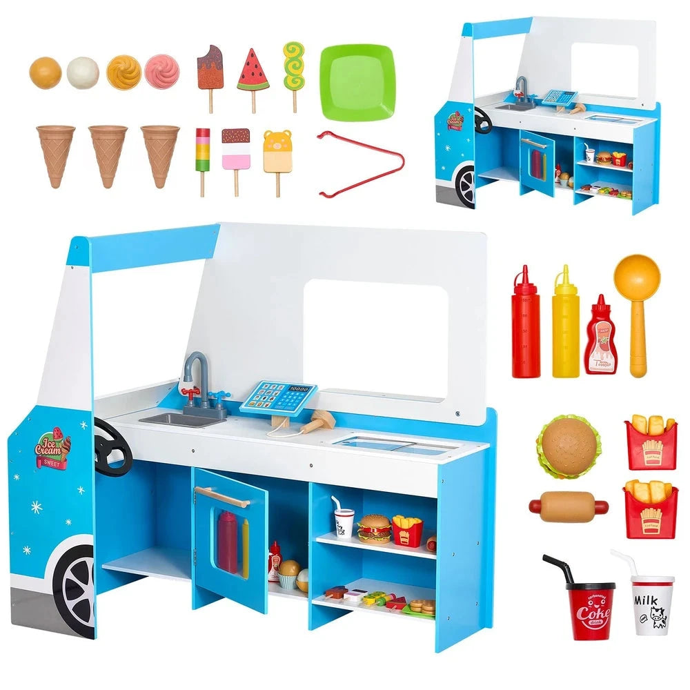 Wooden Ice Cream Cart Playset – Pretend Play Shop with Accessories (Blue)