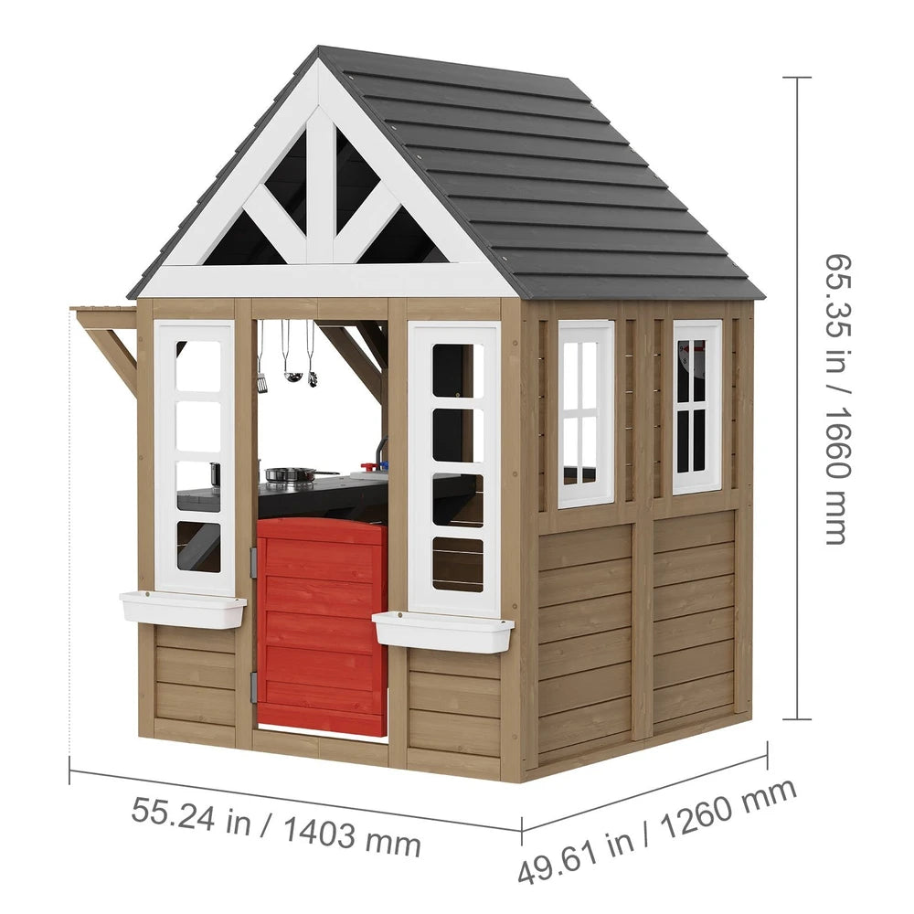 Wooden Cottage Playhouse – Outdoor Kids Playhouse for Backyard Fun