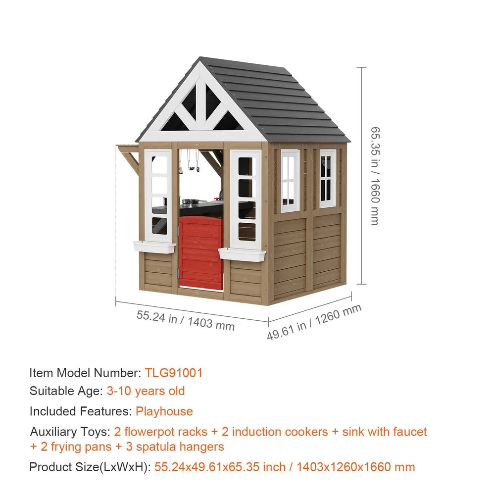 Wooden Cottage Playhouse – Outdoor Kids Playhouse for Backyard Fun