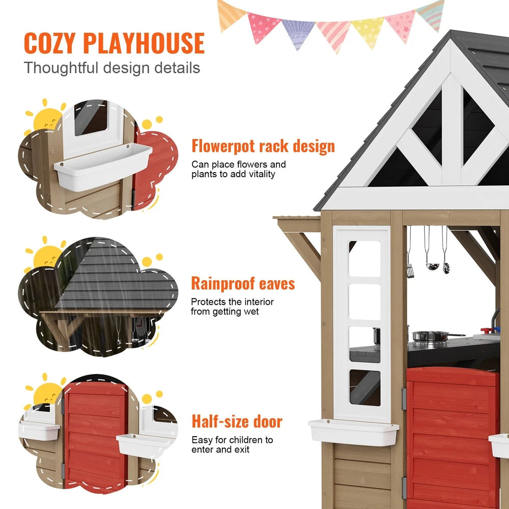 Wooden Cottage Playhouse – Outdoor Kids Playhouse for Backyard Fun