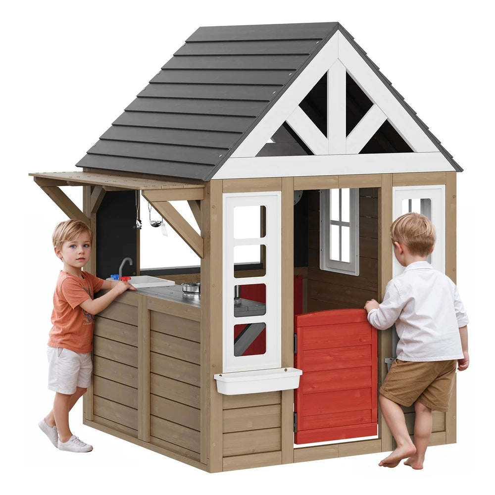 Wooden Cottage Playhouse – Outdoor Kids Playhouse for Backyard Fun