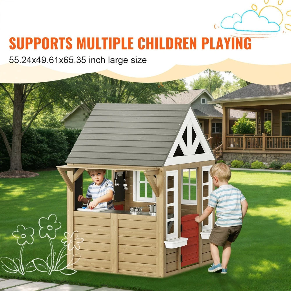 Wooden Cottage Playhouse – Outdoor Kids Playhouse for Backyard Fun