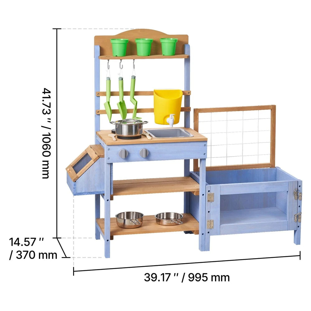 Wooden Outdoor Mud Kitchen – Backyard Play Kitchen with Planting Box