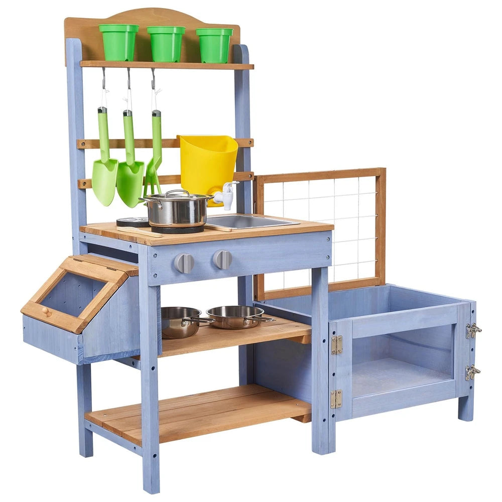 Wooden Outdoor Mud Kitchen – Backyard Play Kitchen with Planting Box
