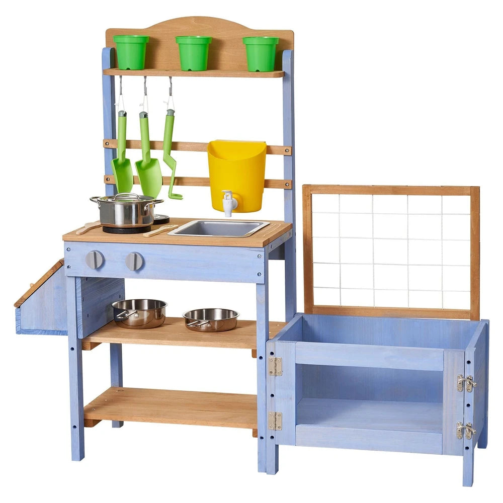 Wooden Outdoor Mud Kitchen – Backyard Play Kitchen with Planting Box