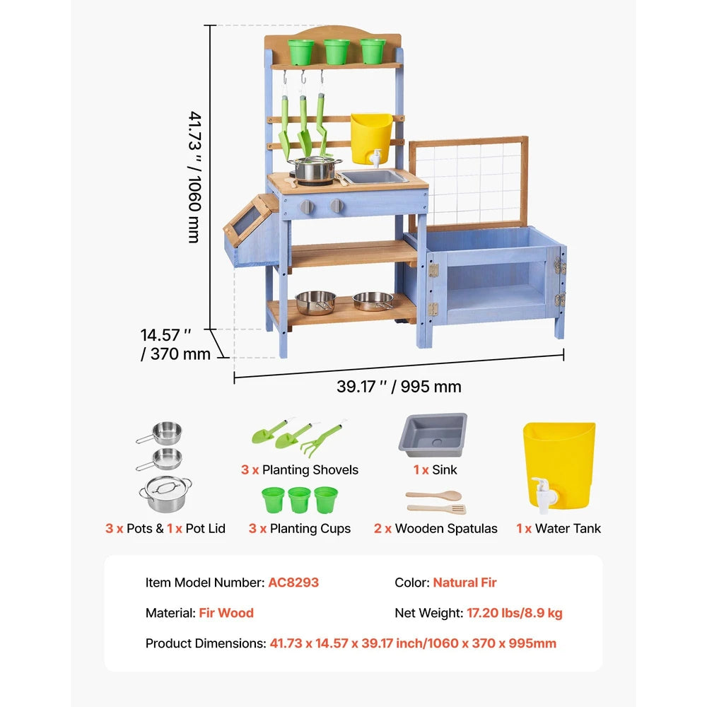 Wooden Outdoor Mud Kitchen – Backyard Play Kitchen with Planting Box