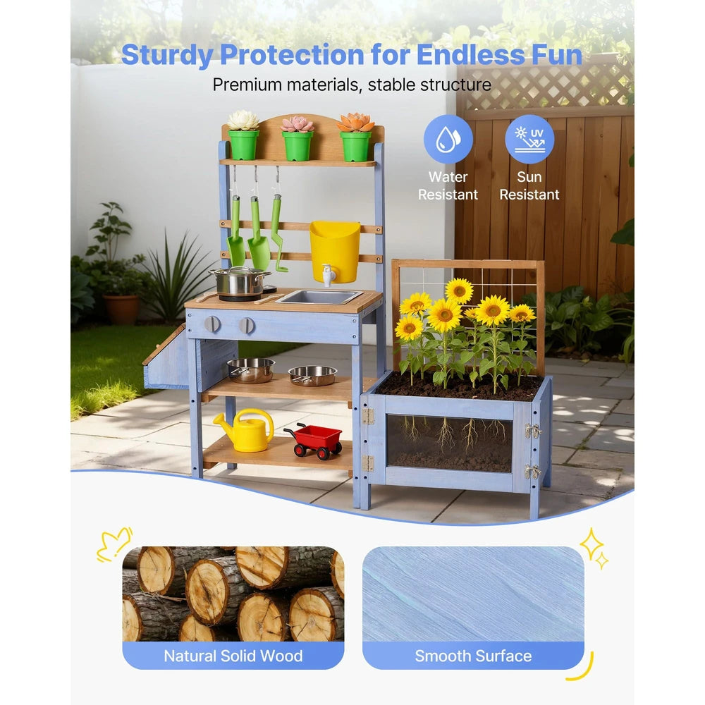 Wooden Outdoor Mud Kitchen – Backyard Play Kitchen with Planting Box