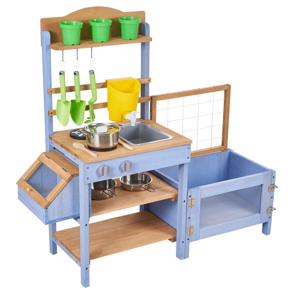 Wooden Outdoor Mud Kitchen – Backyard Play Kitchen with Planting Box