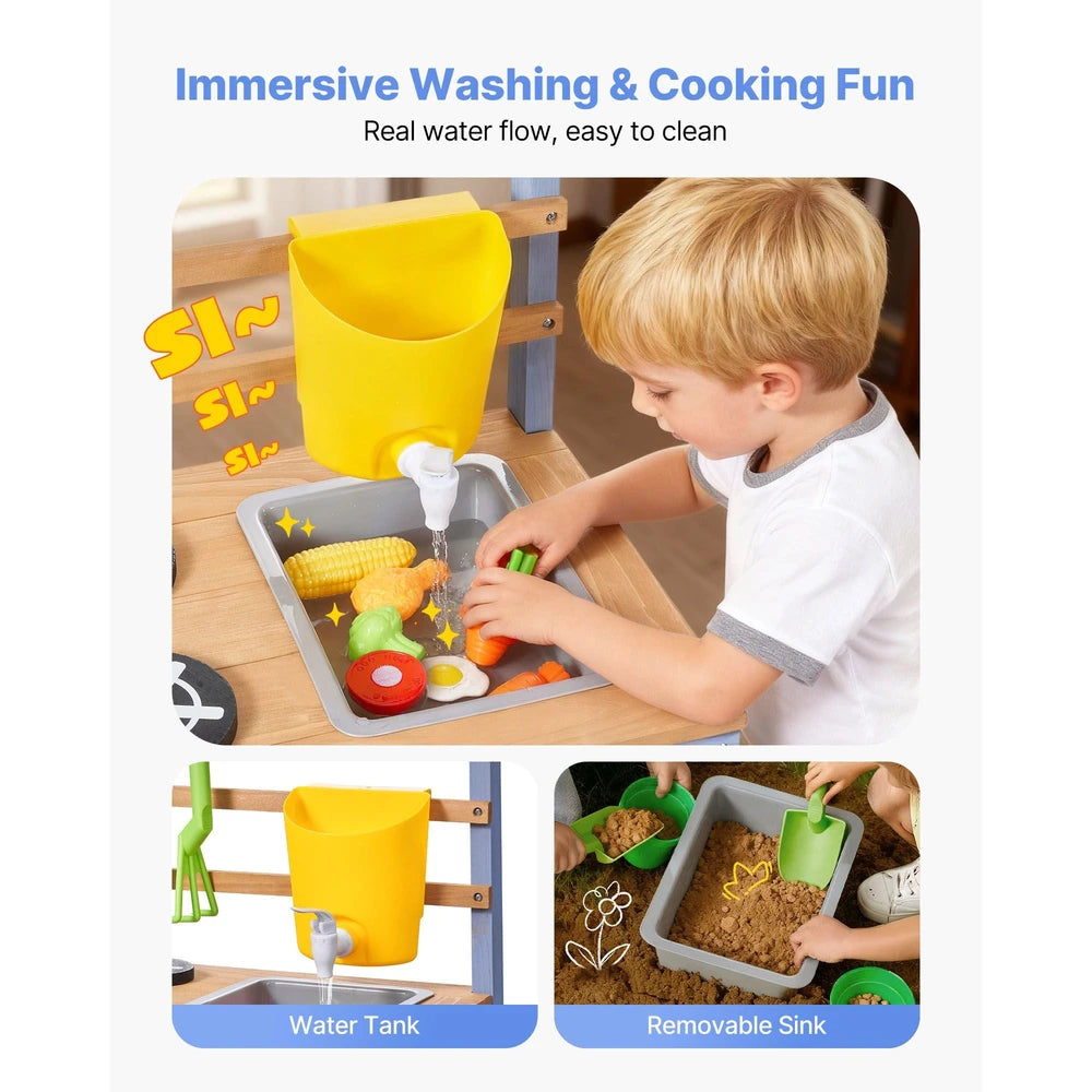 Wooden Outdoor Mud Kitchen – Backyard Play Kitchen with Planting Box