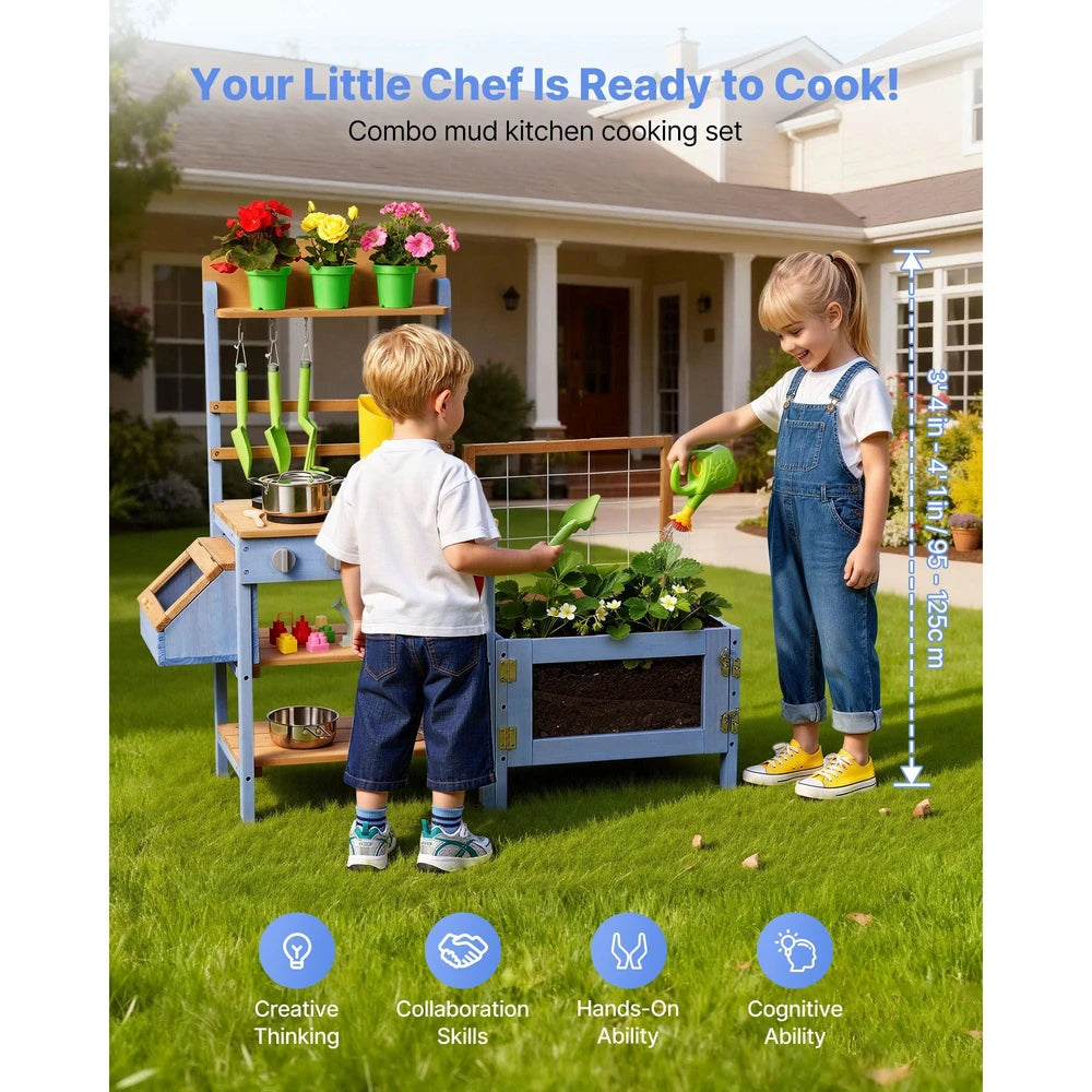 Wooden Outdoor Mud Kitchen – Backyard Play Kitchen with Planting Box