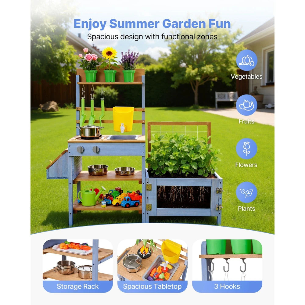 Wooden Outdoor Mud Kitchen – Backyard Play Kitchen with Planting Box