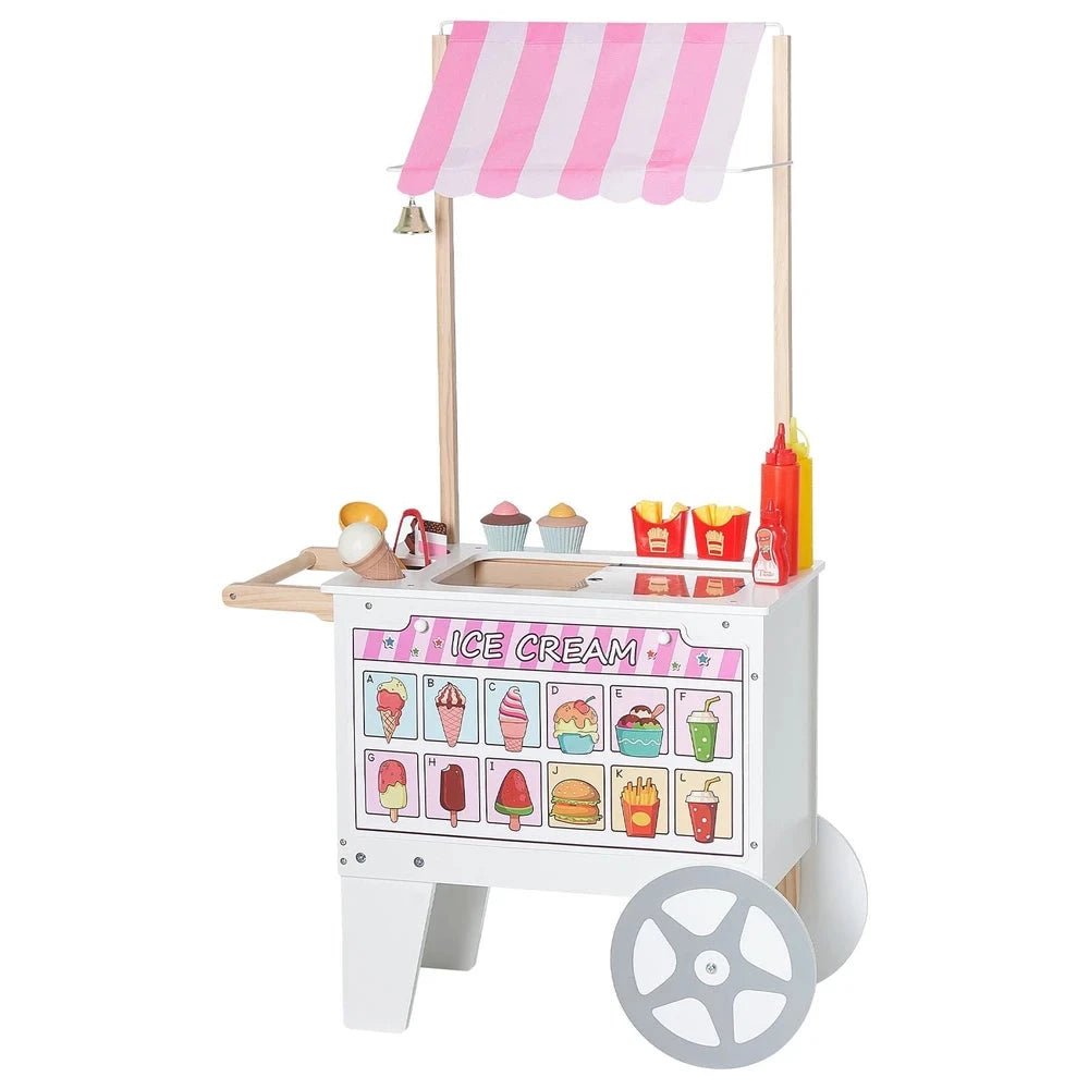 Wooden Ice Cream Cart Playset – Pretend Play Shop with Awning (Pink)