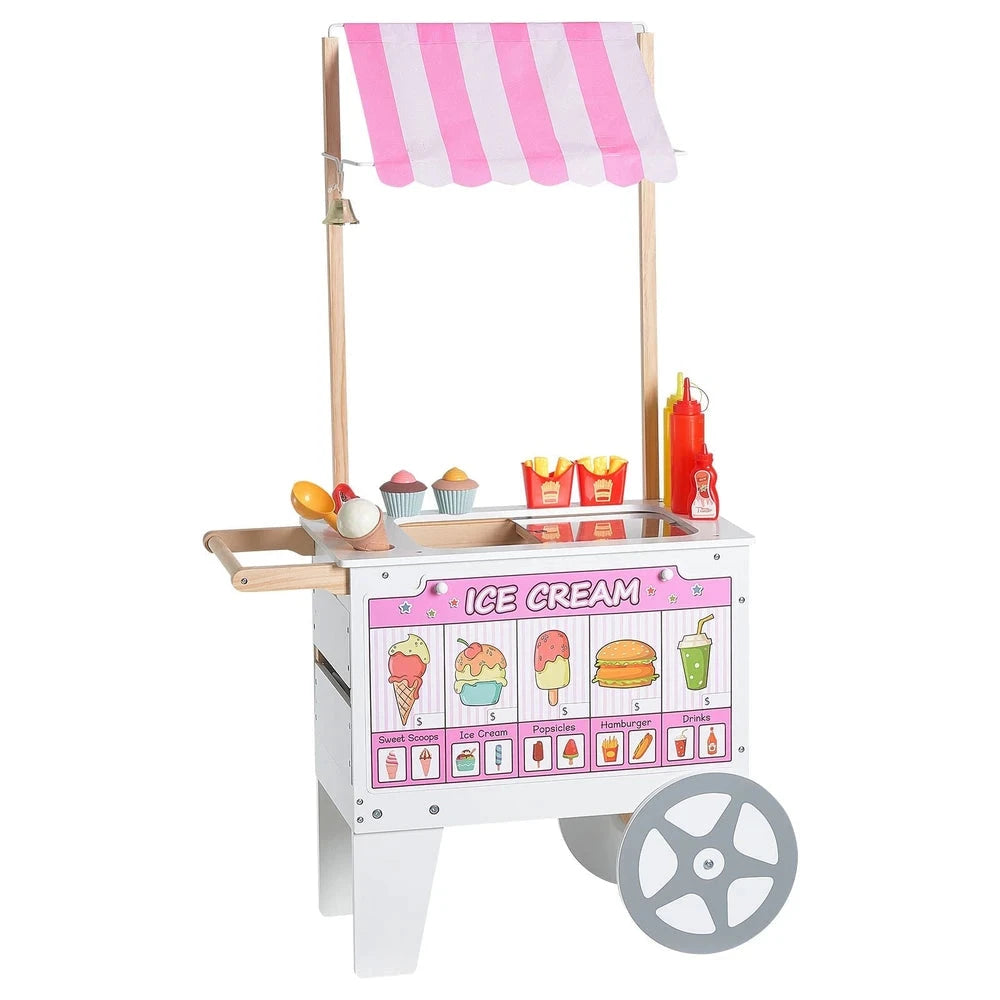 Wooden Ice Cream Cart Playset – Pretend Play Shop with Awning (Pink)