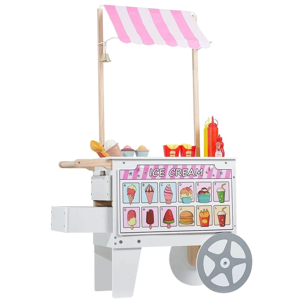 Wooden Ice Cream Cart Playset – Pretend Play Shop with Awning (Pink)