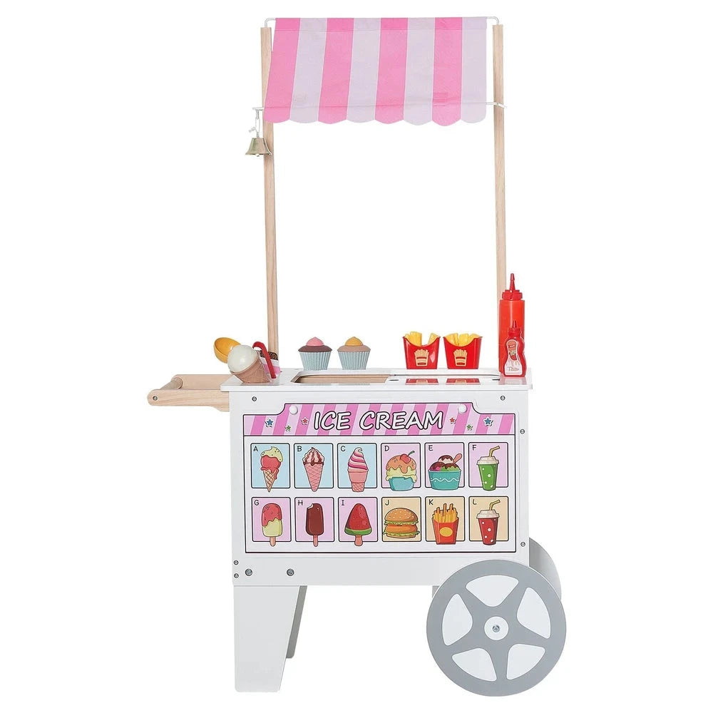 Wooden Ice Cream Cart Playset – Pretend Play Shop with Awning (Pink)