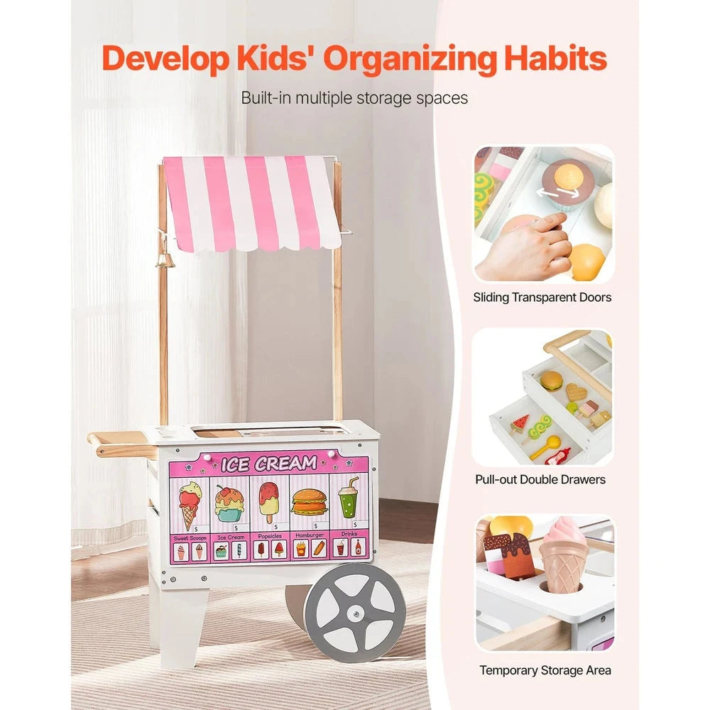 Wooden Ice Cream Cart Playset – Pretend Play Shop with Awning (Pink)