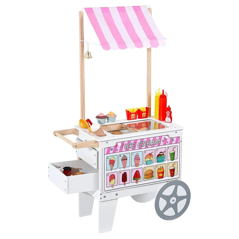 Wooden Ice Cream Cart Playset – Pretend Play Shop with Awning (Pink)