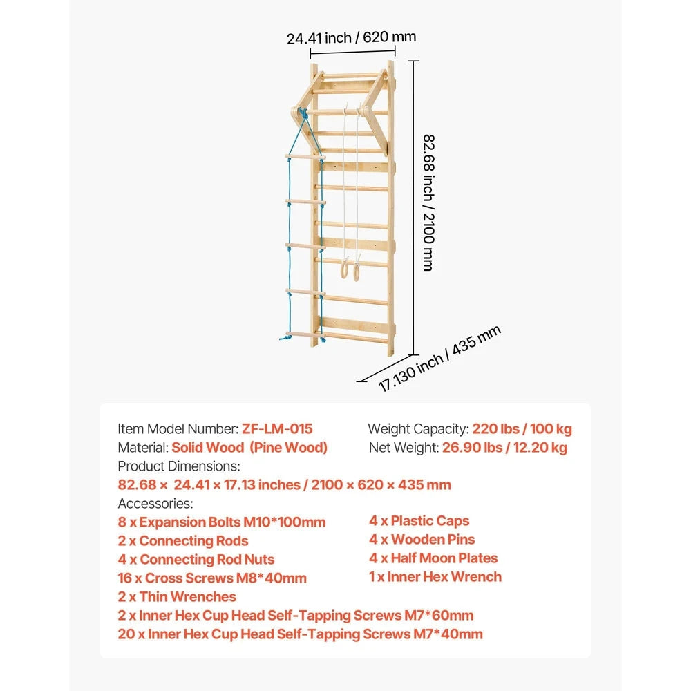 4-in-1 Swedish Ladder Wall Gym – Solid Wood Indoor Climbing Set for Kids