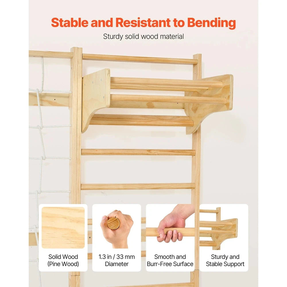 8-in-1 Swedish Ladder Wall Gym – Solid Wood Indoor Climbing Set for Kids