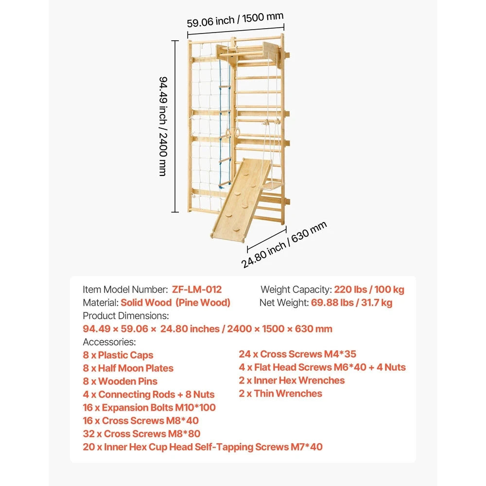 8-in-1 Swedish Ladder Wall Gym – Solid Wood Indoor Climbing Set for Kids