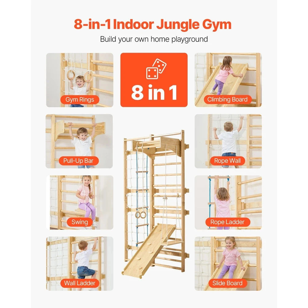 8-in-1 Swedish Ladder Wall Gym – Solid Wood Indoor Climbing Set for Kids