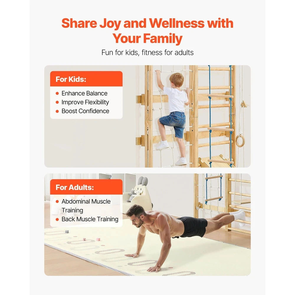 8-in-1 Swedish Ladder Wall Gym – Solid Wood Indoor Climbing Set for Kids